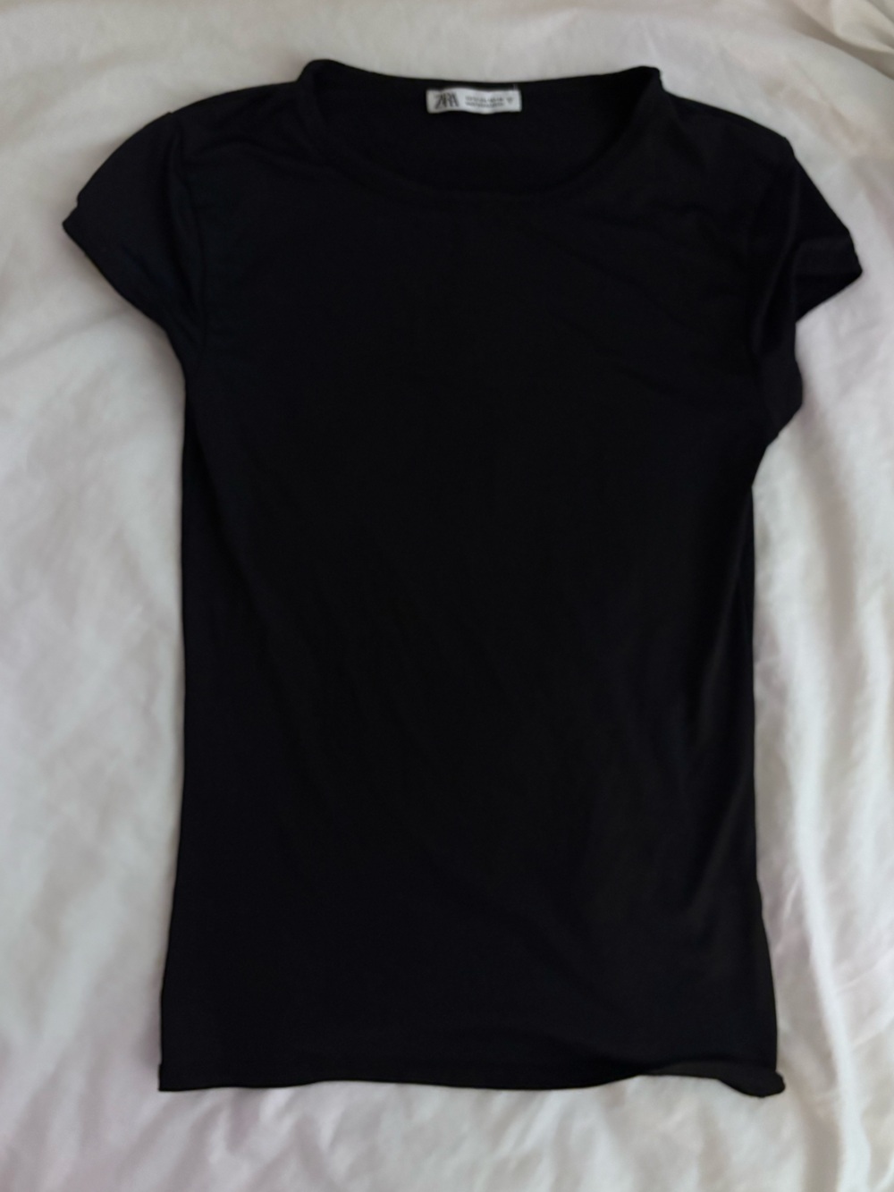 Zara Silk Black Short Sleeve Crew Neck Top